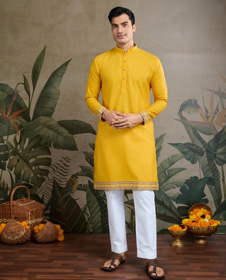 61233-yellow - Designer Yellow Cotton Kurta with Koti Jacket Online